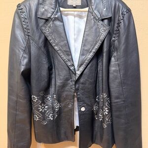 Double D Ranch Black Leather Jacket with Floral Embroidery